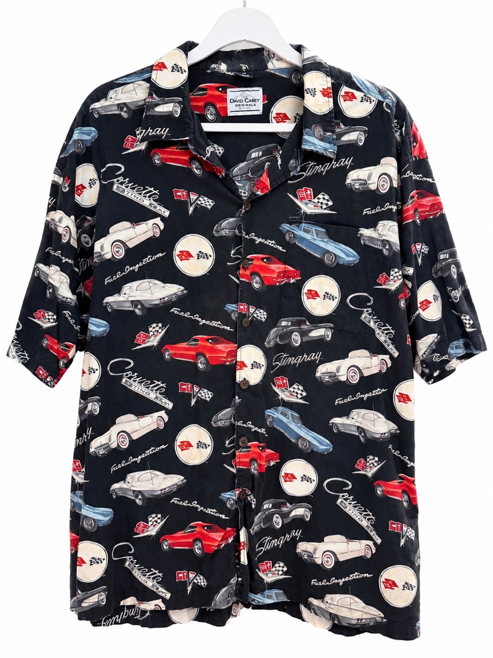 Corvette David Carey Originals Mens 2XL All Over Print Shirt Black Cotton Rayon